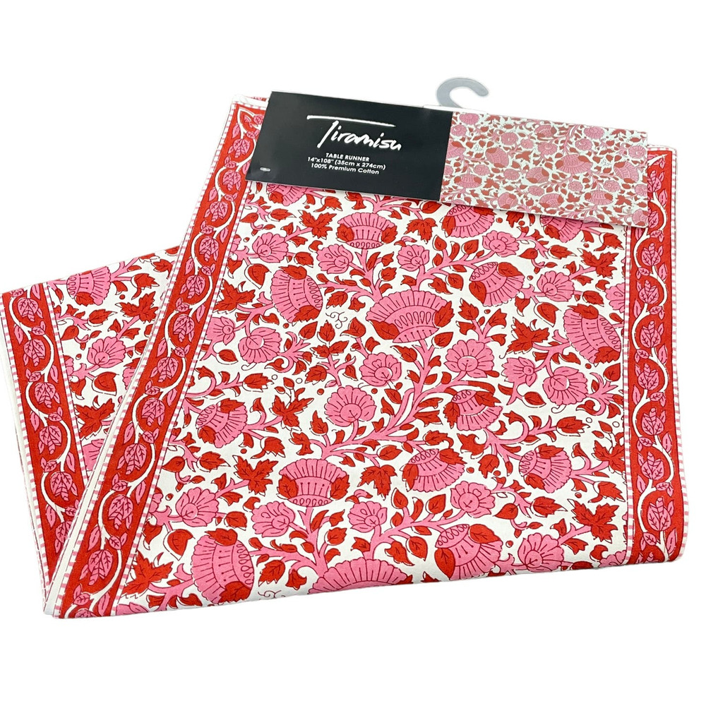 TIRAMISU Spring Pink Red Floral 100% Premium Cotton Table Runner 14" x 108" NEW